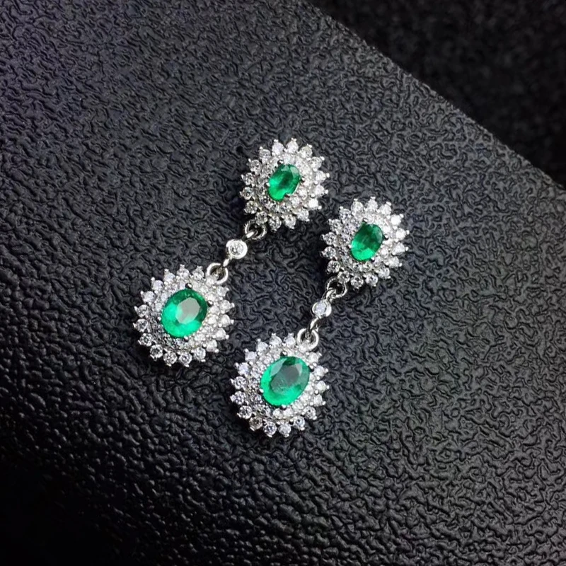 Серьги подвески из серебра 925 пробы с изумрудами 4 шт.|Серьги-подвески| |