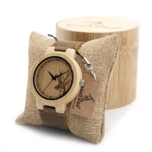 BOBO BIRD Bamboo Watch Gift Engraved Elk Head Natural Wooden Watches Genuine Leather Luxury Brand Wristwatch