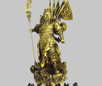 

15''China Bronze Warrior Guangong Flag Hold Sword Guanyu Dragon Statue