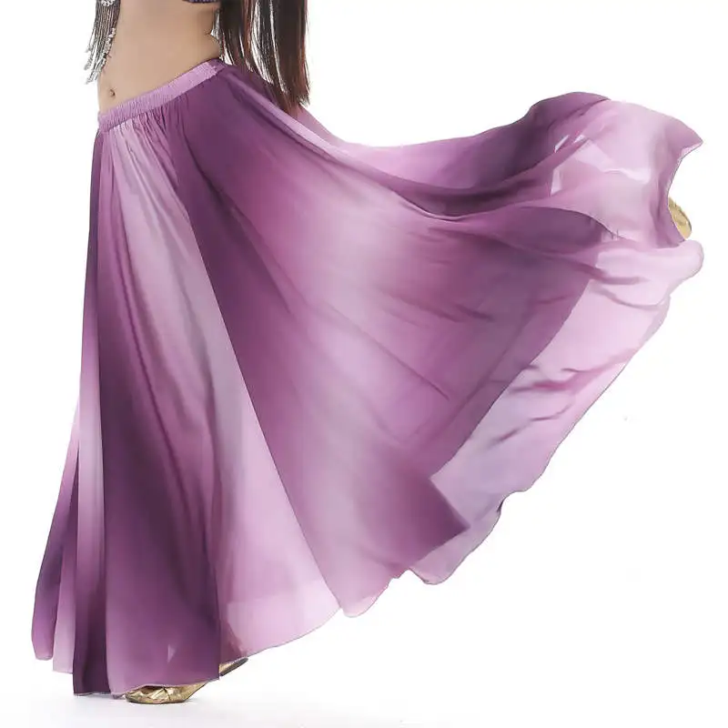 Одежда для танцев с цветным градиентом одежда для танца живота длинные юбки полный круг Профессиональный танец живота атласная юбка 300 градусов - Цвет: Purple
