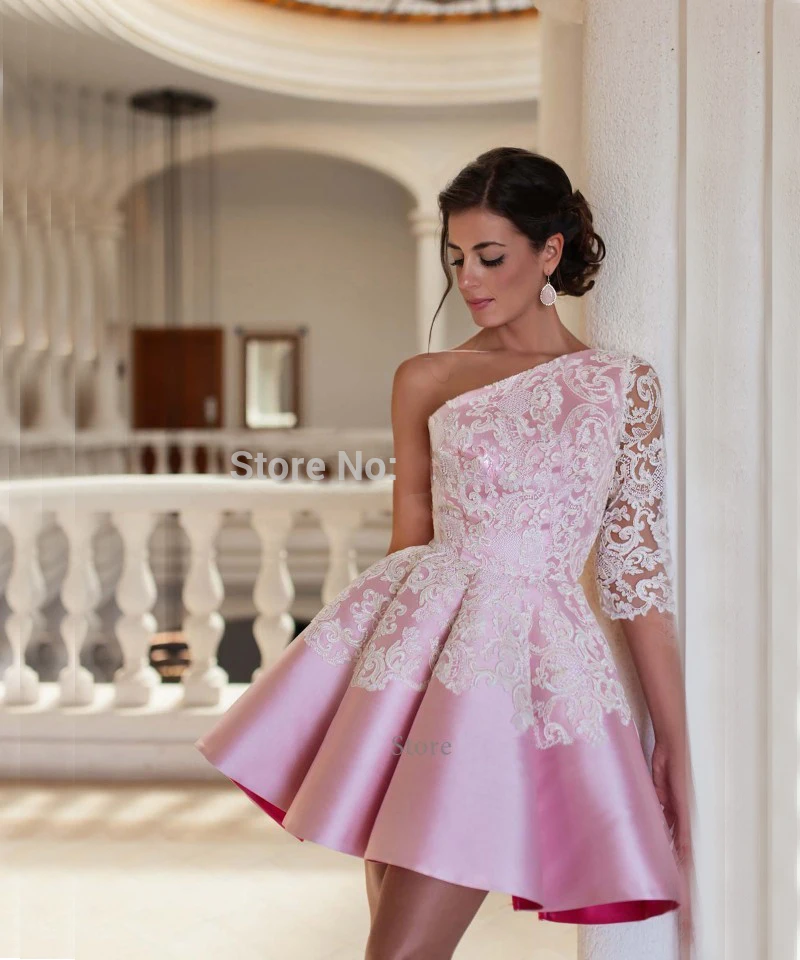 

fashion lovely pink short prom dress 2016 one shoulder lace half sleeve a line women pageant gown for formal evening party