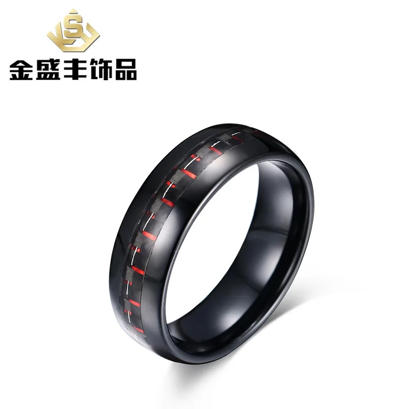 New Listing 8mm Red + Black Carbon Steel Tungsten Steel Ring Retro Tide