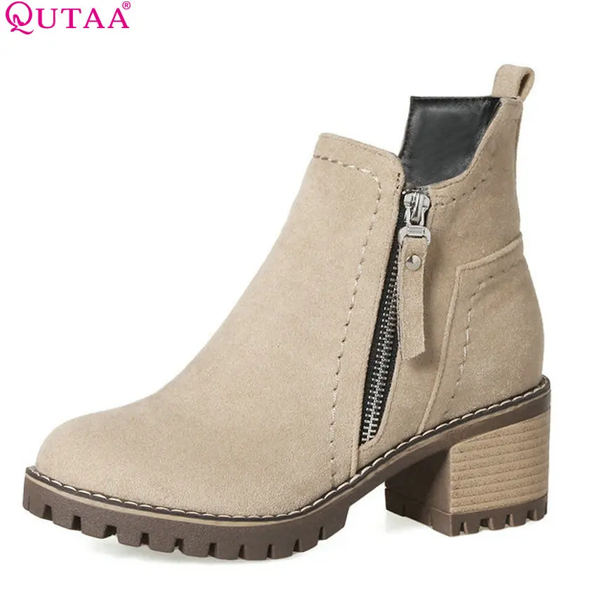 Najtaniej QUTAA 2020 kobiet botki Zipper Westrn Style plac szpilki kobiety Shoesfashion platformy z okrągłym czubkiem kobiet rozmiar butów 34 43