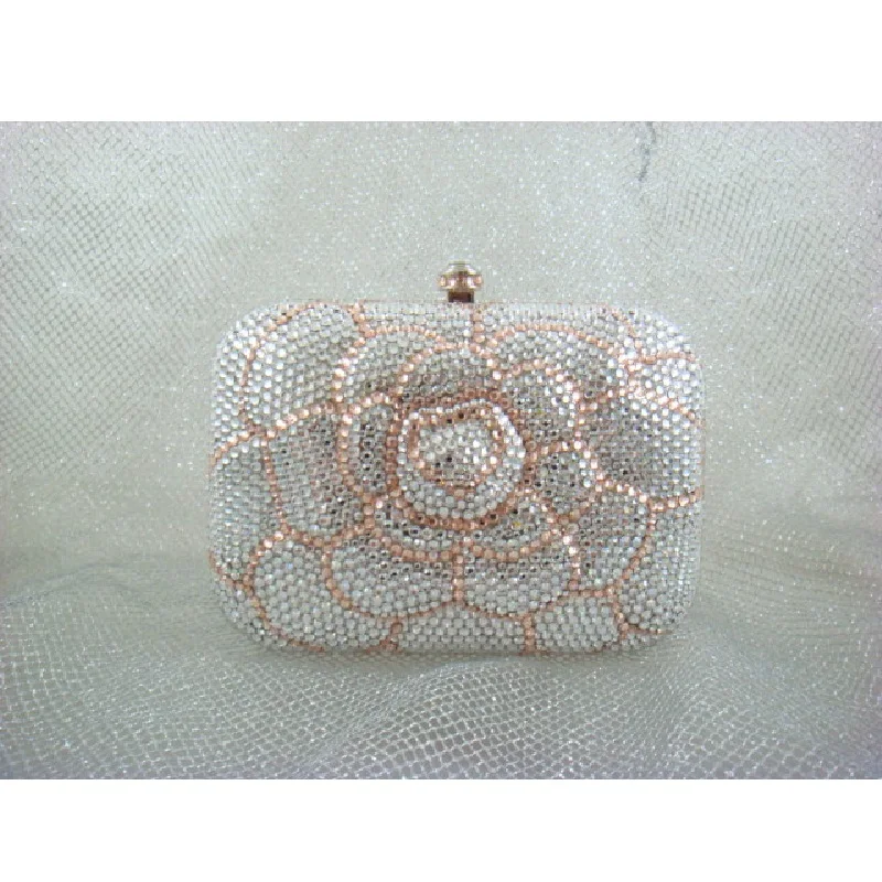 

7707 Crystal White / Peach Floral Flower Rose Lady Fashion Bridal Party Night Metal Evening purse handbag case box clutch bag