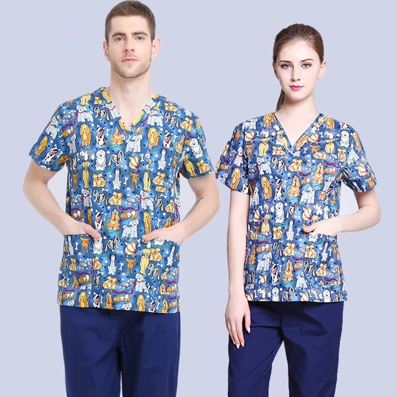 

Women and Men Elegant Soft Stretch Print Medical Clothing Hospital Medical Scrub Top Dentists Work Wear Clothes V Neck Work Wear