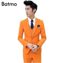 Новинка Весна Высокое качество Повседневная чистого Orange изделие Однобортный костюм мужчины, повседневный Блейзер, торжественное платье,(Куртки+ Брюки для девочек+ жилет
