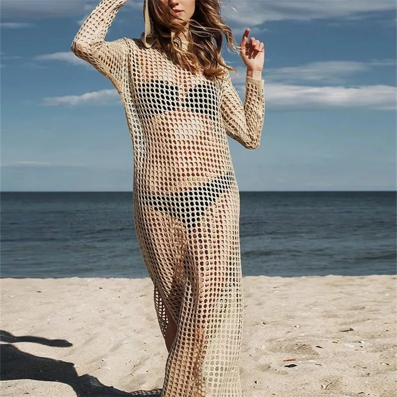 

Long Knitted Beach Dresses Hoodie Pareo de Plage Swimsuit cover Up Beach wear Pareos de Playa Mujer Bikini Cover up