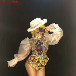 Блестящий Модный сексуальный костюм для танцев со стразами телесного цвета, большие Стрейчевые топы и штаны с пышными рукавами