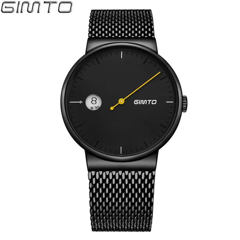 

GIMTO Fashion Simple Quartz Watch Men Black Stainless Steel Mesh Strap Mens Watches Creative Single Pointer Clock reloj hombre