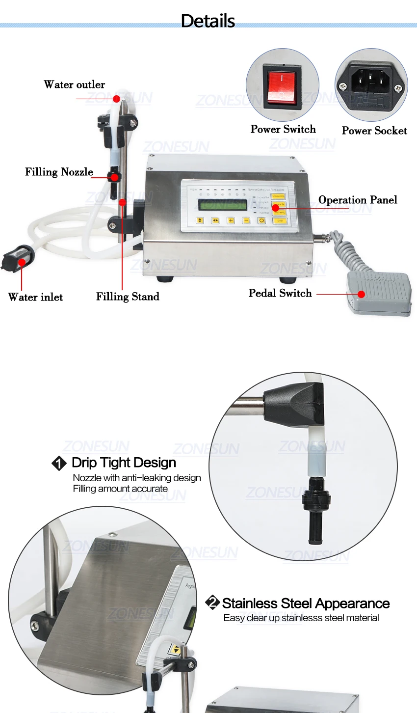 ZONESUN Электрический наполнитель автоматическая машина для розлива жидкостей оборудование для розлива воды насосная 5-3500 мл нержавеющая сталь