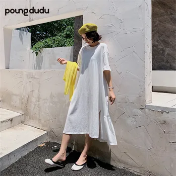 

Poungdudu maternity pregnant women dress large size loose casual split pleat short-sleeved maternity dress long 2019 summer new