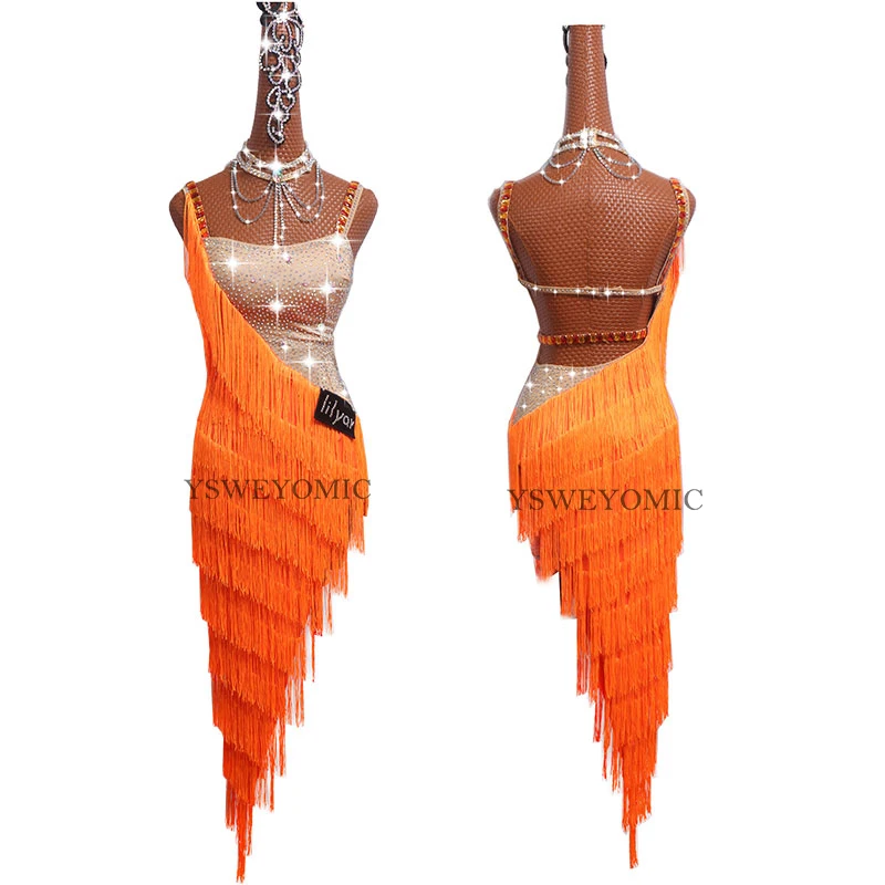 Calcifer Stretchable Latin Dance Dresses Fringe for Women Girls for Competition