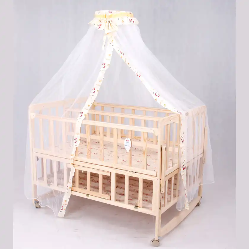 wooden cot with mosquito net