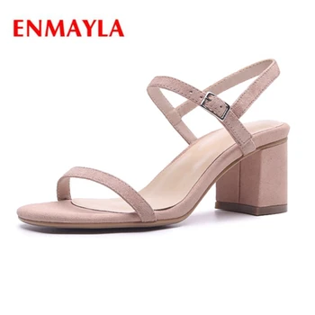 

ENMAYLA Top quality women kid suede open toe square heel buckle strap sandals lady sweet party high heel sandals ZYL450