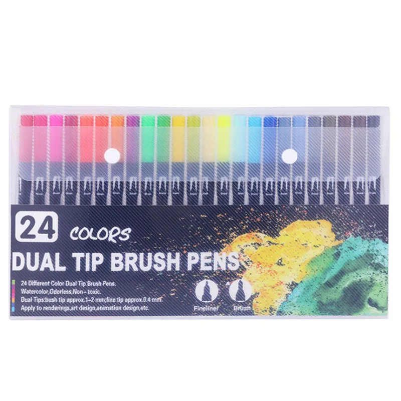 12/18/24/36/48/72/100PCS Colors FineLiner Dual Tip Brush Pens Drawing Painting Watercolor Art Marker Pens School Supplies - Color: 24colors