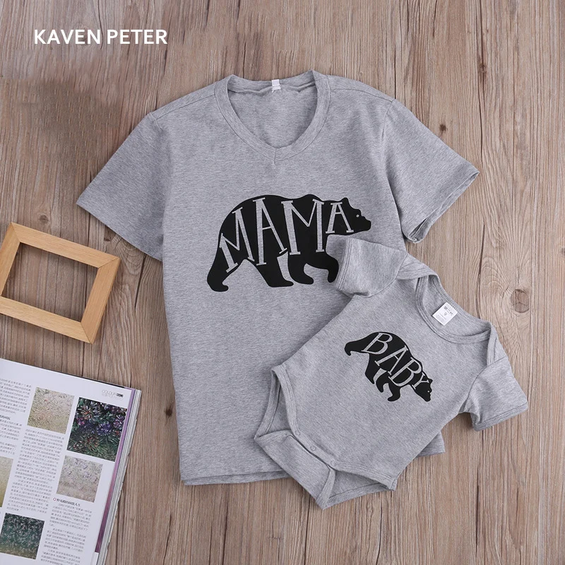 

2017 Family set clothes Parent-child outfit Letters printing cotton T-shirt mother baby summer family clothes suit grey colors