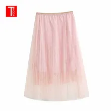 Весна Осень Новая мода Женская высокая талия однотонная плиссированная половина длины эластичная юбка с бисером Акции Леди Черный Розовый