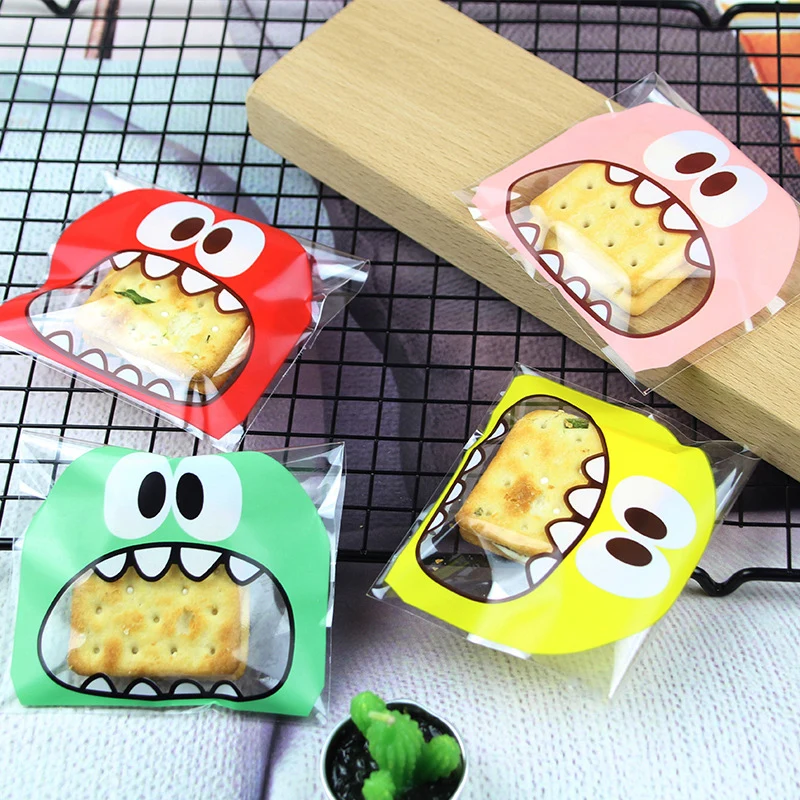 

100Pcs Cute Big Teech Mouth Monster Plastic Bag Wedding Birthday Cookie Candy Gift Packaging Bags Self Adhesive Party Favors