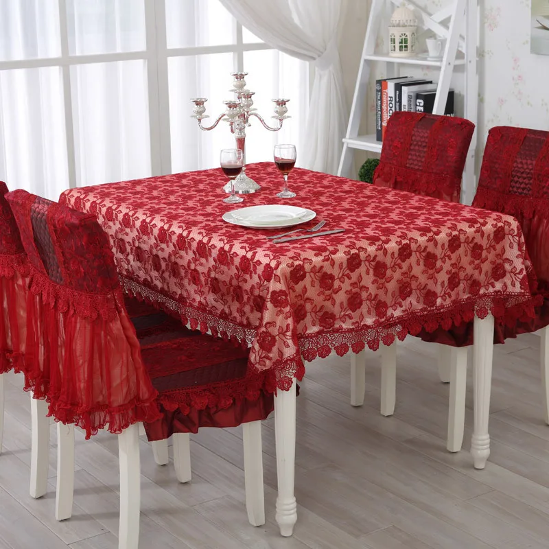 Europe Style Embroidery Lace Party Tablecloth Red Flower Printed