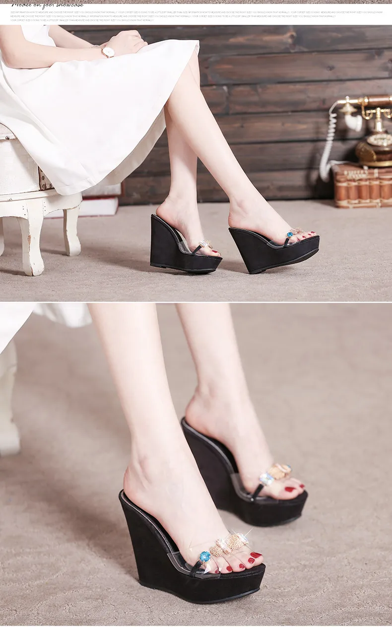 13_New 2018 Wedges Slippers Female Summer Fashion High-heeled Platform Rhinestones Small Size Shoes Pink White Black
