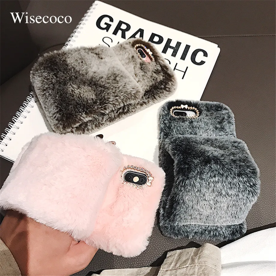 

3D Cute Rabbit Hairy Warm Fur Bling Rhinestone Plush Wristband Strap case For iPhone xs max xr x 6 6S 7 8 Plus 10 Soft TPU Shell