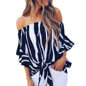 

Elegant Women Striped Off Shoulder Blouse Shirts Chiffon Sexy Waist Tie 2018 Flare Sleeve Tops Slash Neck Ladies Loose Blusas