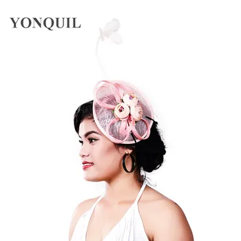 

New elegant Ladies Fascinator women linen feather hat Occasion Cocktail Event millinery wedding party hair accessory feather hat