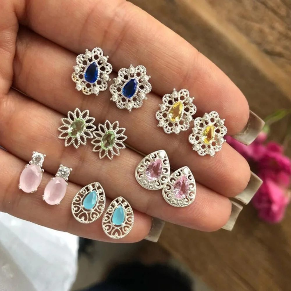 

6Pcs/set Hollow Flower Crystal Simple Stud Earrings Set For Girls Women