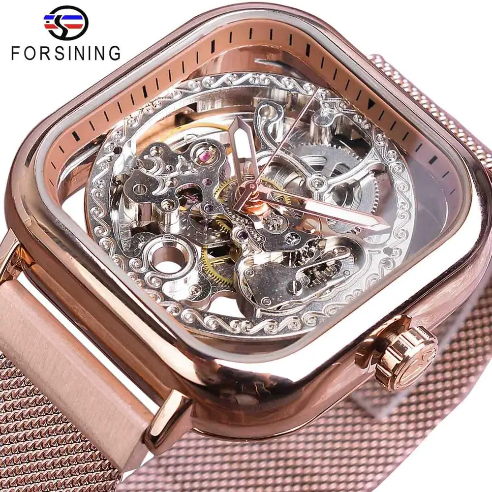 Forsining, розовое золото, автоматические квадратные мужские часы, скелет, сетка, нержавеющая сталь, ремешок, самовзводные механические наручные часы, Relogio - Цвет: GMT1148-5