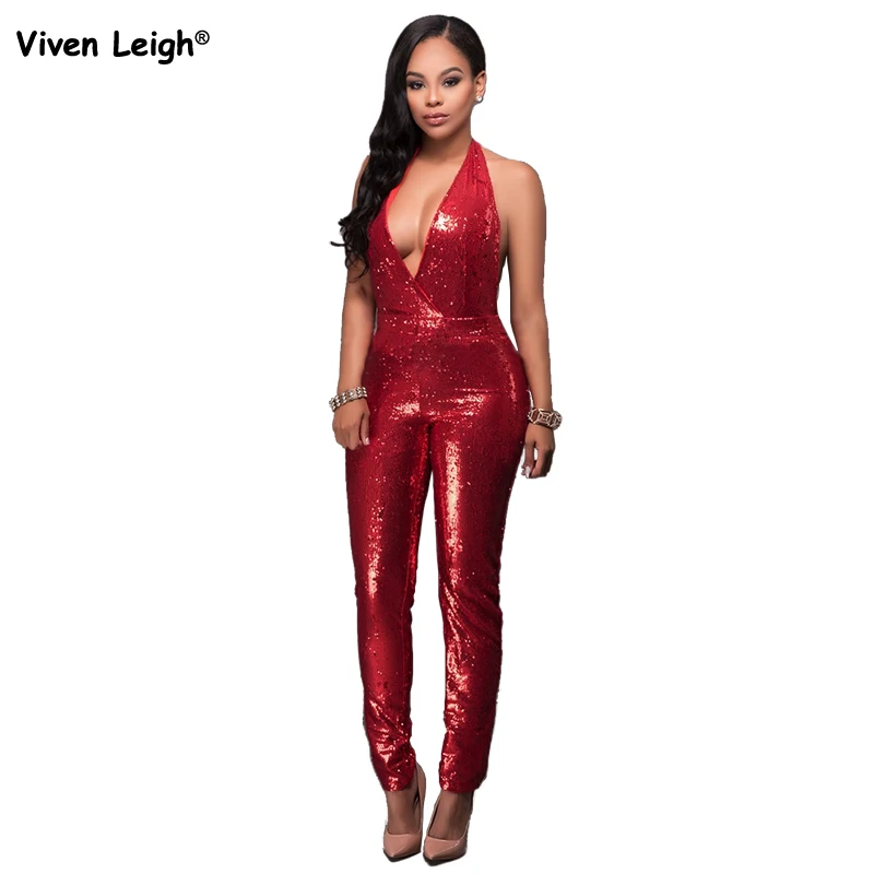 New Arrival High end Custom Red/Golden Sequin Jumpsuit 2016 Fall Womens ...