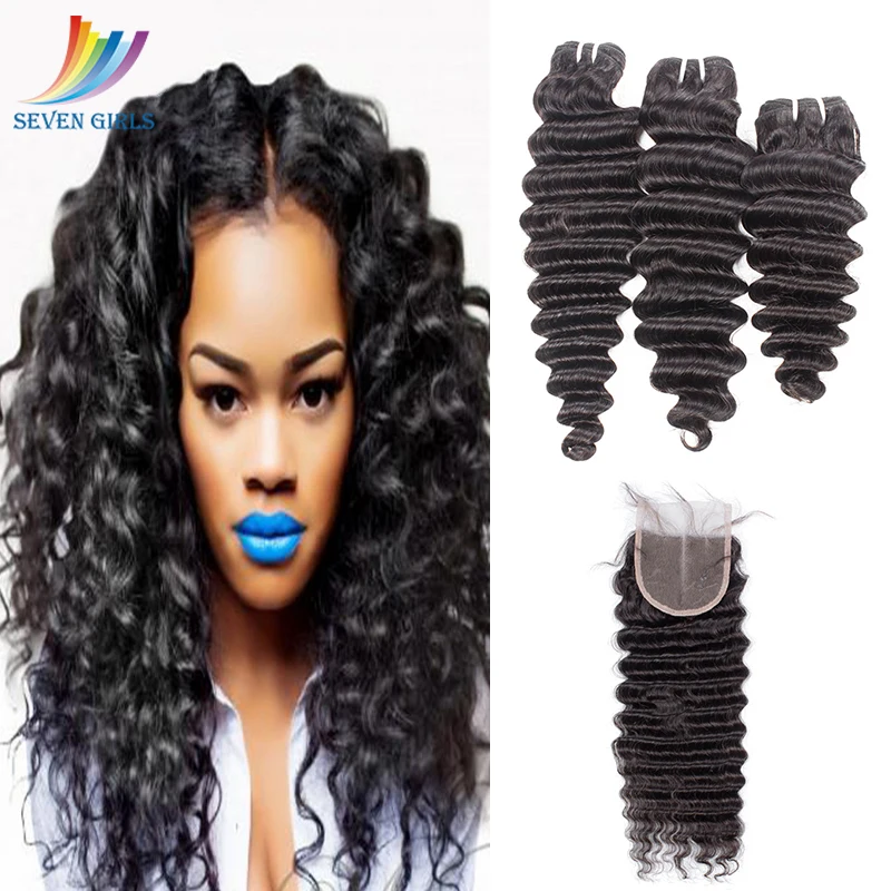 

Sevengirls B Natural Color Deep Wave 100% Virgin Human Hair 3Bundles With 4*4 Lace Closure Raw Hair For Women