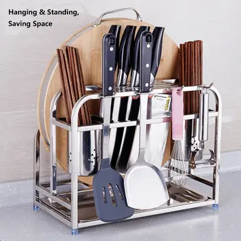 

Kitchen Storage Shelf Cutting Boards Knife Organizer with Hooks 304 Stainless Steel Kitchen Utensils Rack Storage Holder