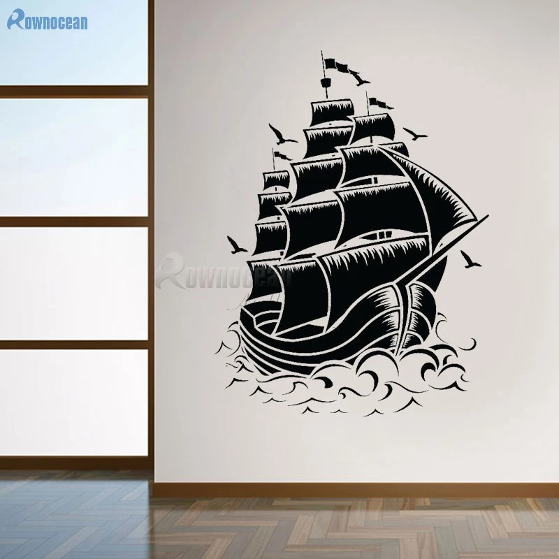 ROWNOCEAN Nautical Home Decor Vintage Sailboat Sea Seagulls Wall Stickers Vinyl Muurstickers House Decoration Living Room C-20