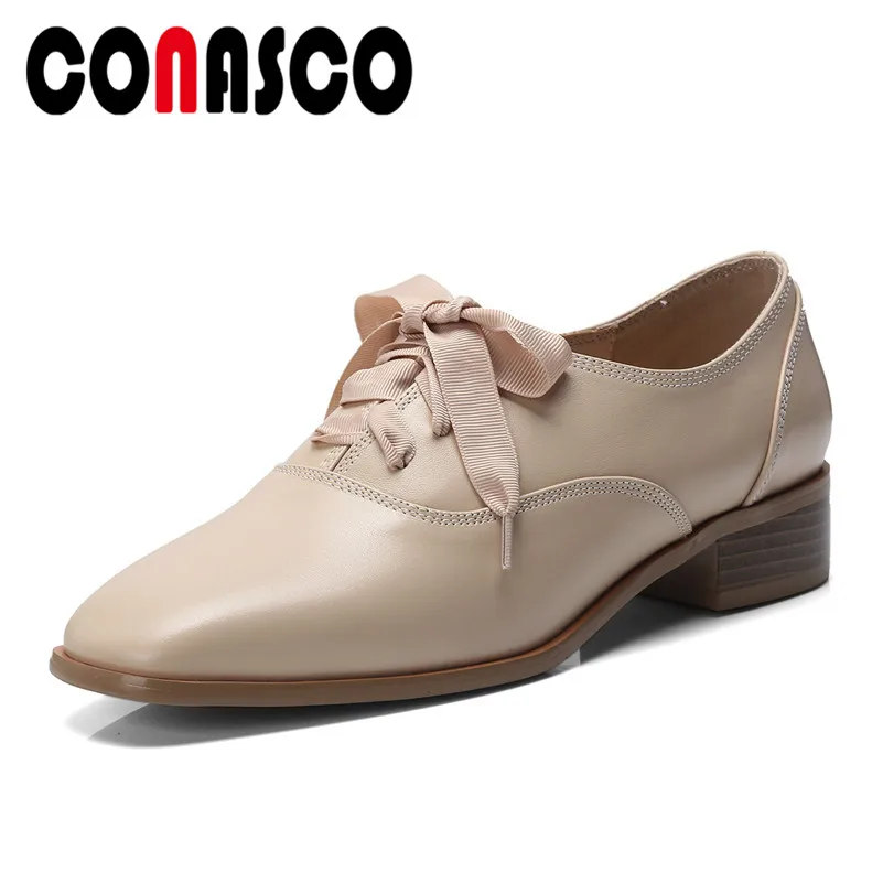 

CONASCO New Arrival Women Basic Pumps Genuine Leather Spring Autumn Square Heels Shoes Woman Sweet Elegant Office Party Shoes