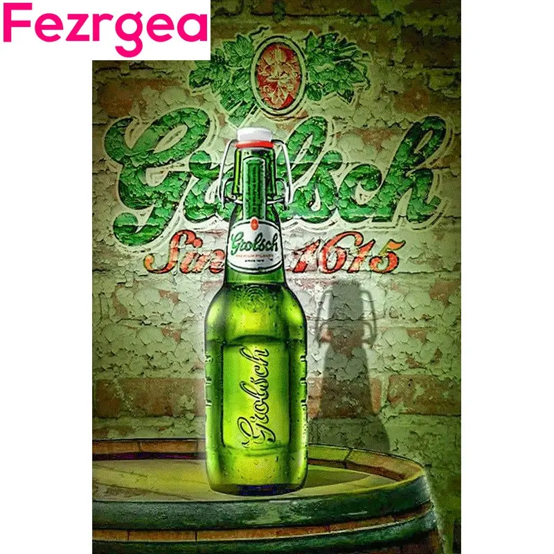 

Fezrgea 5D DIY Square Diamond Painting Beer Landscape Diamond Embroidery Vintage Wind Cross Embroidery Painting Bar wall decor