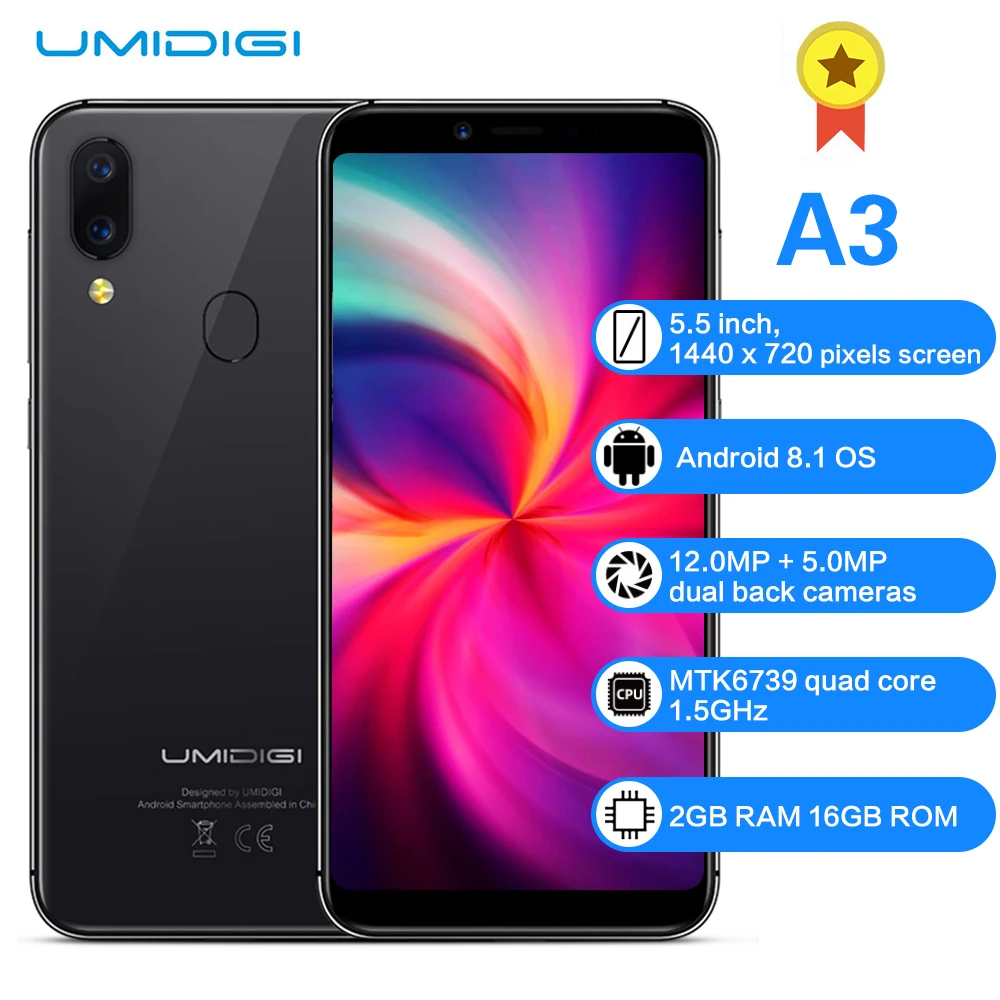 UMIDIGI A3 4G Phablet 5,5 дюймов MTK6739 четырехъядерный 2 Гб ОЗУ 16 Гб ПЗУ Android 8,1 глобальная LTE полоса смартфон заднее стекло