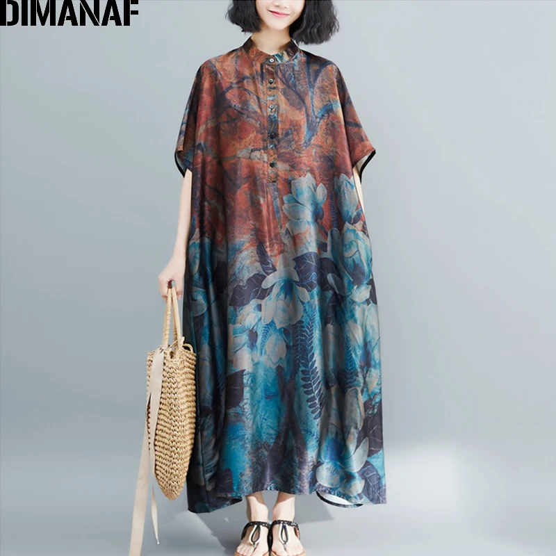 Wholesale 9gtKP DIMANAF Plus Size Women Dress Vintage Big Size Female Vestido Summer Sundress Loose Print Floral Lady Elegant Long Dress 5XL 6XL