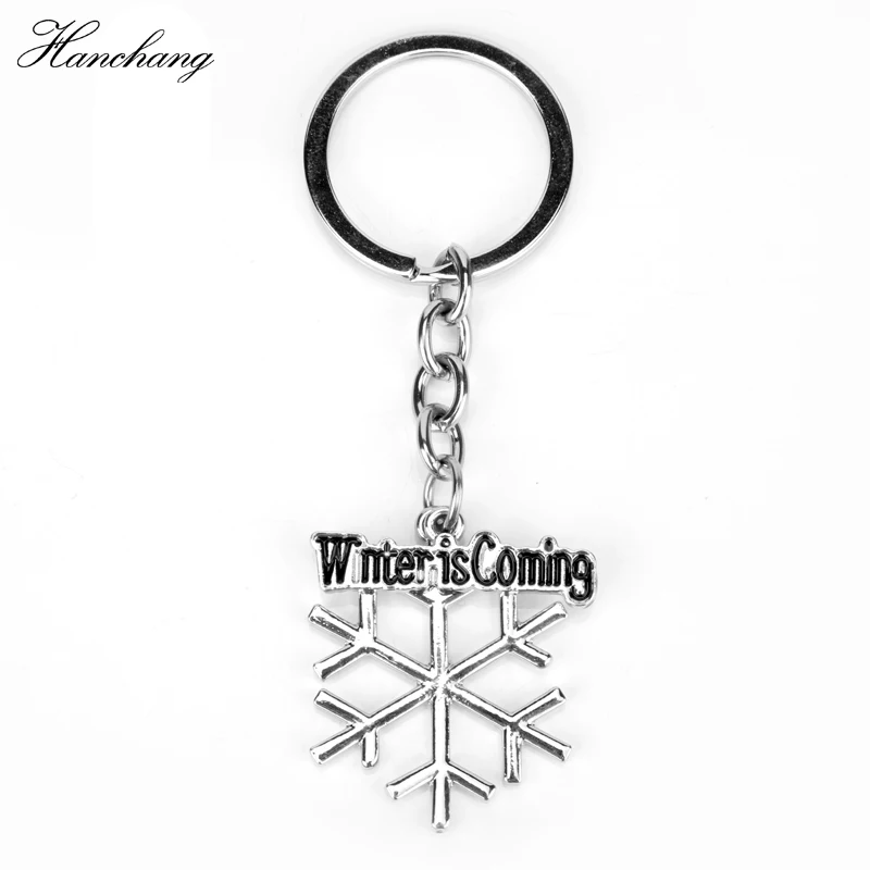 

HANCHANG Winter is Coming pendant Keychains snowflake Keyring Women Girls Key Snow Flower Unisex Christmas Gift Key Chain