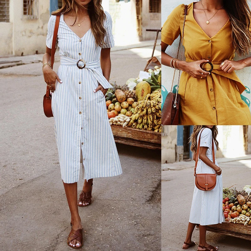 Women Summer Striped Dress Woman Sexy V-neck Short Sleeve Belt Dress Ladies Mid-calf Button Dress Holiday Boho Dresses Sundress