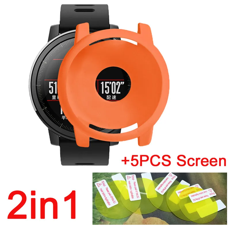 2в1 для xiaomi huami amazfit stratos 2 Смарт-часы чехол Мягкая силиконовая лента+ Amazfit Pace 2 Защитная пленка для экрана - Цвет: Оранжевый