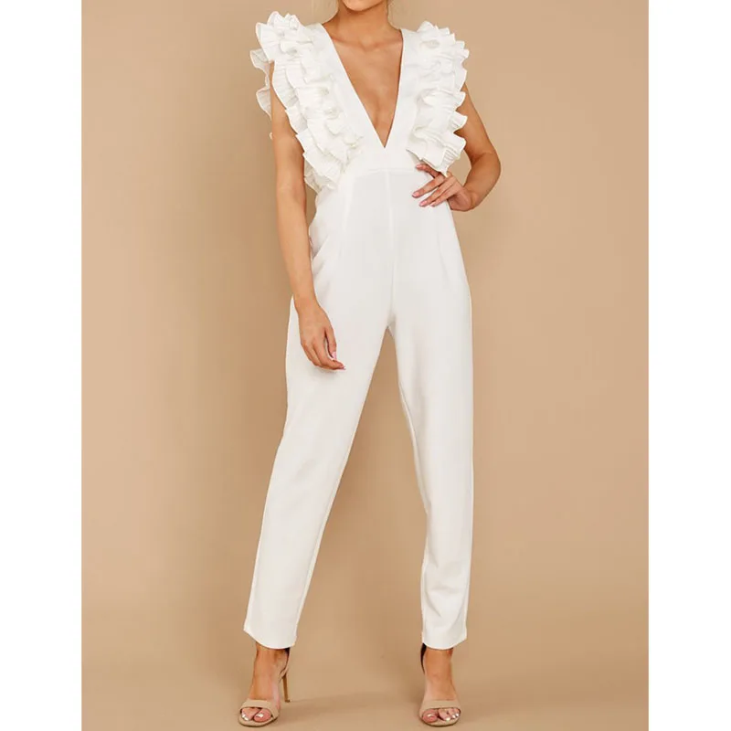 

White Deep V Neck Ruffle Detail Jumpsuit Women 2019 Autumn Mid Waist Jumpsuits Elegant Evening party Jumpsuits