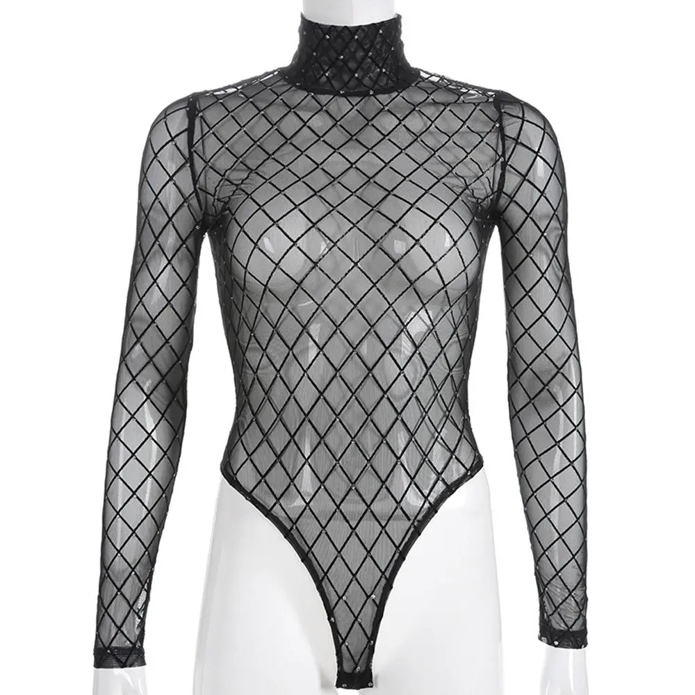 Sexy Transparent Black Bodysuit Women Fishnet Mesh Body Womens Turtleneck Long Sleeve Bodysuit See Through Jumpsuits bodysuits