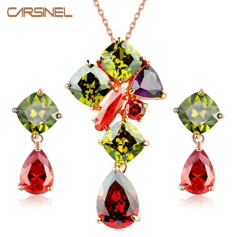 

CARSINEL Fashion MultiColor Jewelry set Colorful AAA Cubic Zircon Necklace&Earrings Rose Gold-color Jewelry Sets for Women