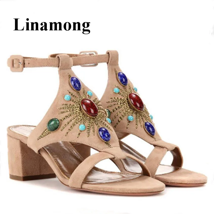 

Fashion Totem Gemstone Decoration Flock Square Heel Open Toe Buckle Strap Slingback Handmade Summer Women Sandals High Quality