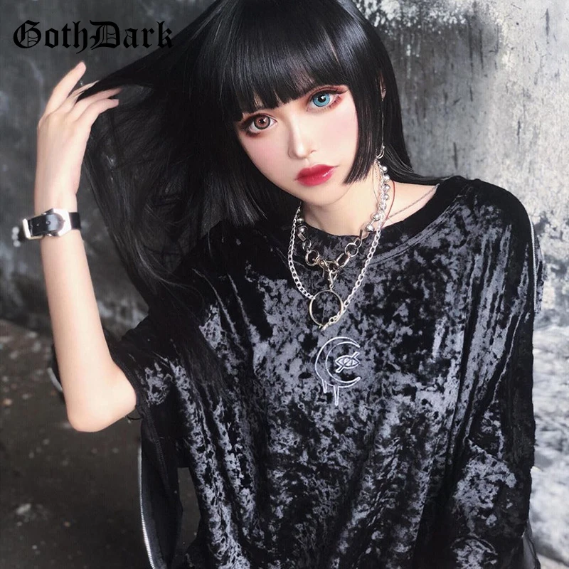 

Goth Dark Black Vintage Grunge Gothic Female T-shirts Loose Harajuku Die Tie Autumn 2019 Patchwork Zipper Women's T-shirt Punk