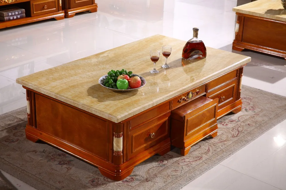 retro wooden coffee table storage drawer marble top made in China living room furniture