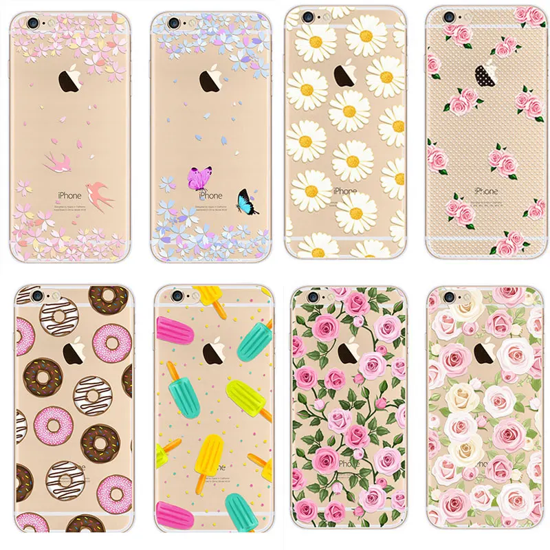 Newest Fashion Colorful Phone Cases soft TPU for Apple  iPhone 5s 6 6S case  6S Plus case Waterproof Transparent Flower Pattern