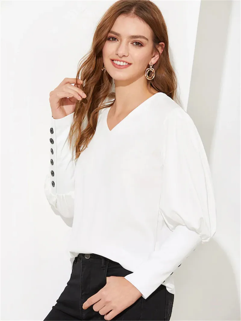 2019 V الرقبة المرأة بلوزة قميص نفخة كم زر الأبيض بلوزة الخريف الشتاء سيدة قميص أعلى الإناث مكتب بلوزة شيفون قمم
