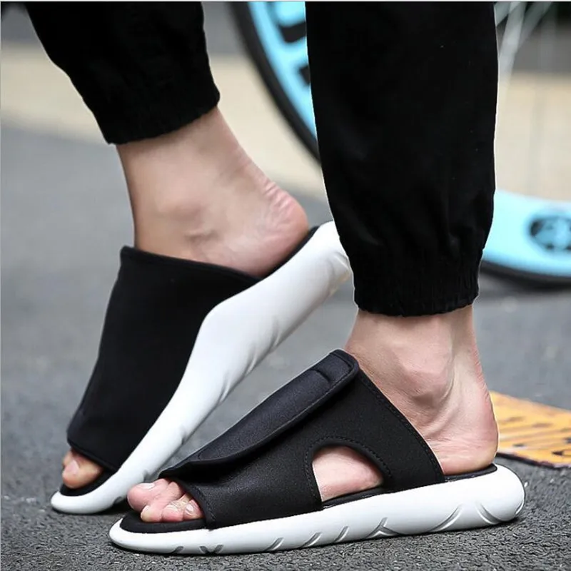 

2019 New Summer Men's Sandals Fashion Beach flat Black Slippers Soft Stretch Fabric Outdoor Men's Shoes