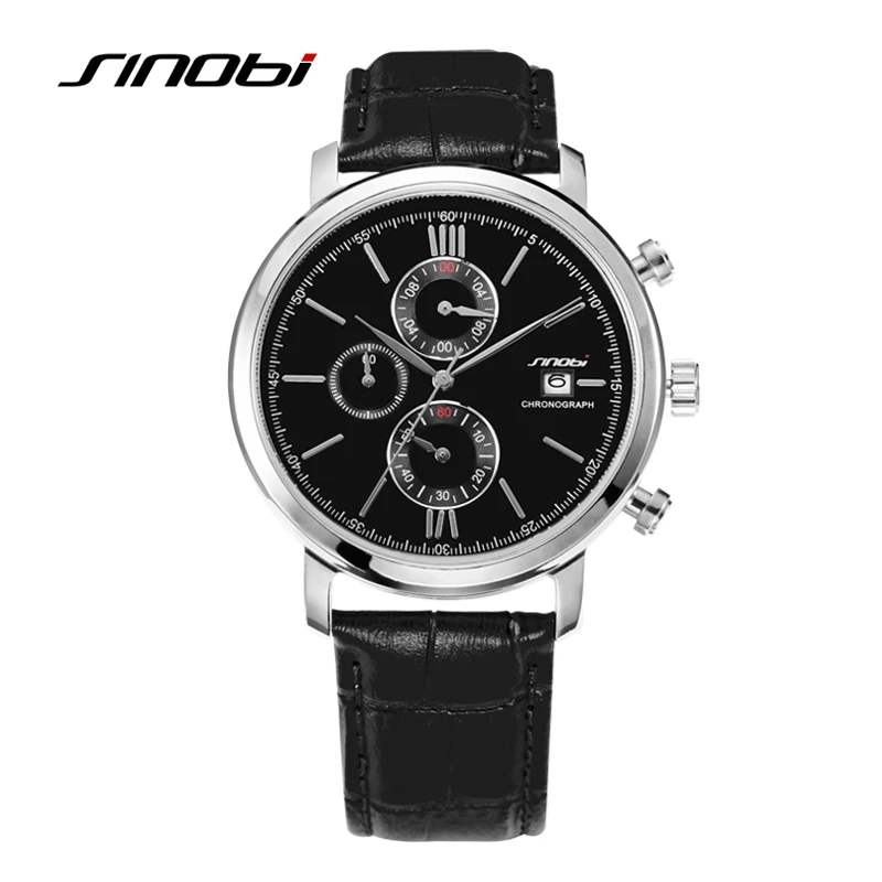 

SINOBI sport multi-functional men's watch leather strap top luxury brand men chronograph fashion casual watch Relogio Masculino